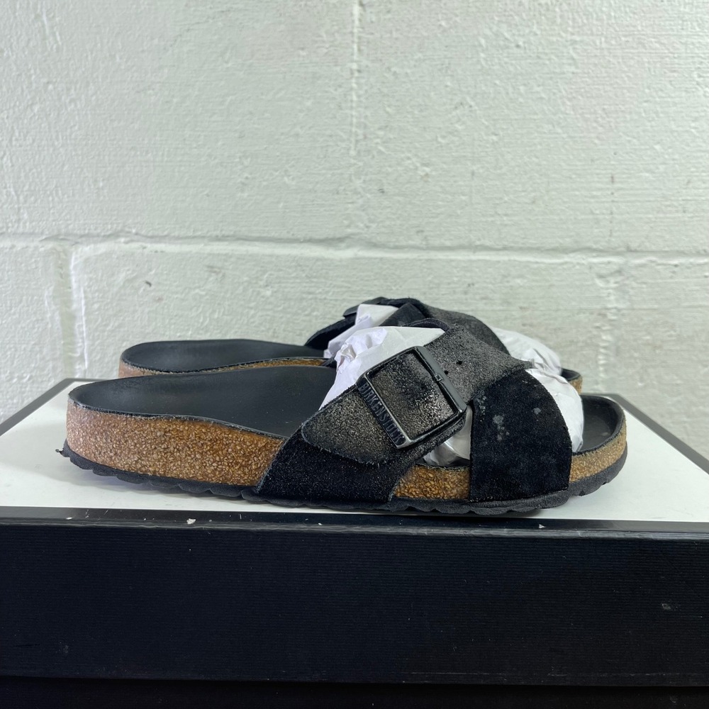 Birkenstock Siena Black Suede Criss‎ Cross Slide Sandals Women's Size 38 EU/7 US